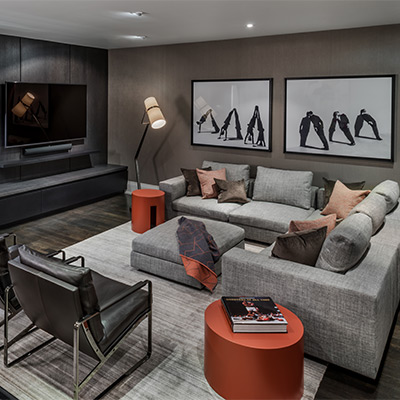 Basement living room design by Laura Hay and Photography by Gillian Jackson