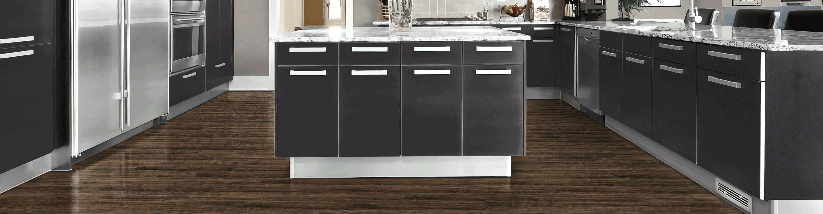 dark luxury vinyl plank flooring in modern kitchen