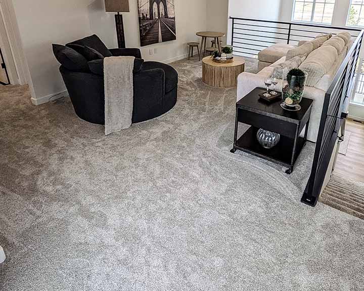 dark brown neutral carpet in living room installation with sofa